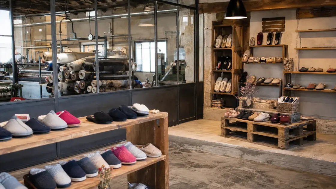 Chaussons présentés dans une boutique attenante à un atelier textile