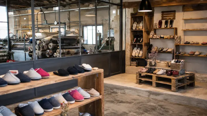 Chaussons présentés dans une boutique attenante à un atelier textile