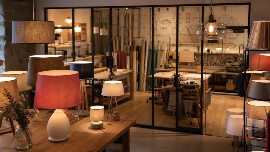 Abat-jour et luminaires exposés devant leur atelier de fabrication
