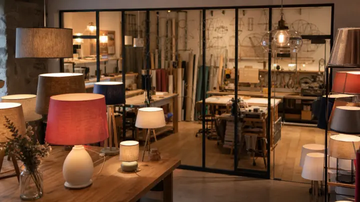 Abat-jour et luminaires exposés devant leur atelier de fabrication