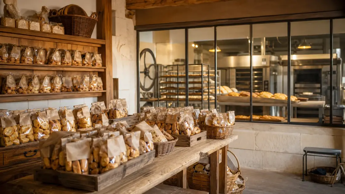 Biscottes et biscuits présentés dans la boutique attenante à une biscotterie