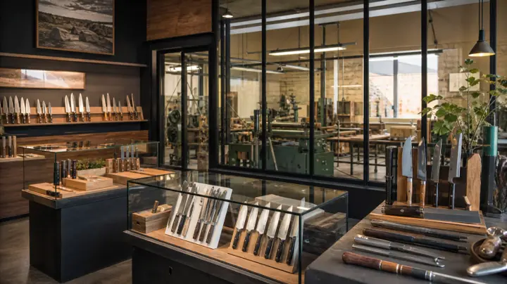 Couteaux présentés dans une boutique attenante à un atelier de fabrication