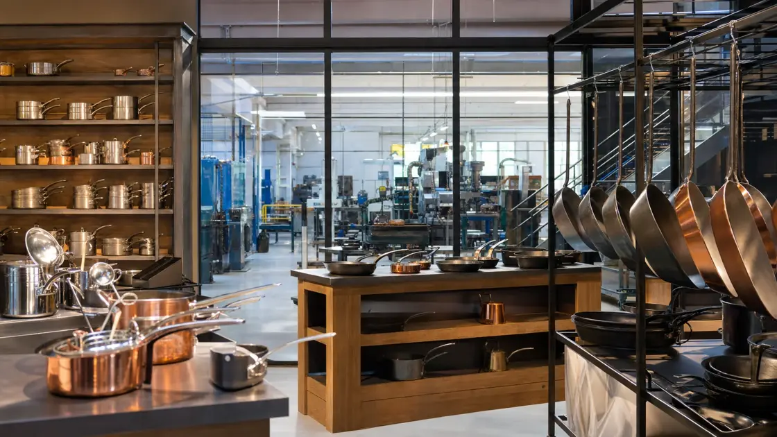Poêles et ustensiles de cuisine exposés devant un atelier métallurgique