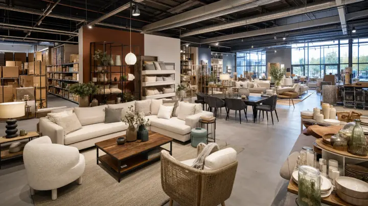 Mobilier et objets de décoration présentés dans un grand magasin outlet