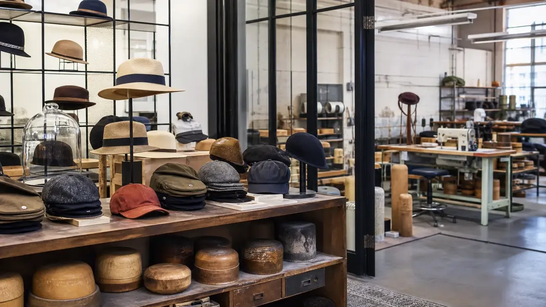 Chapeaux et casquettes présentés dans une boutique de manufacture