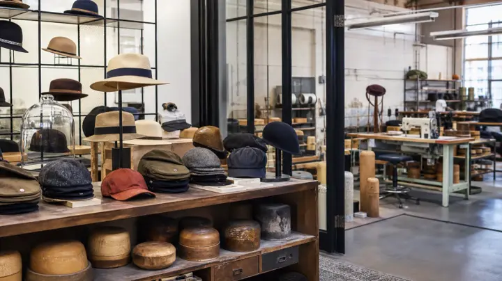 Chapeaux et casquettes présentés dans une boutique de manufacture