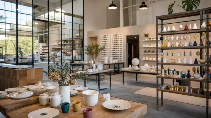 Porcelaines et arts de la table présentés dans un magasin de fabricant